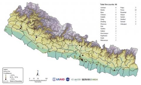 Map generated by the Forest Fire Detection and Monitoring tool on May 1, 2018. Registered users can download forest fire incidence maps that are generated by the system daily. (Photo: ICIMOD)