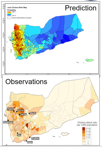 The large-scale development of agriculture, mining, oil & gas, hydroelectric dams, timber and fisheries in the Amazon have set the stage for large-scale environmental research, planning and management of aquatic ecosystems. To address this issue, the Wildlife Conservation Society (WCS) in Bolivia are using over 17 years of precipitation data (1998-2015) from NASA’s Tropical Rainfall Measuring Mission (TRMM) and Global Precipitation Measurement Mission (GPM) to collect rainfall totals and estimate potential discharge rates throughout the Bolivian Amazon.  This information will enable WCS Bolivia to identify endangered river basins, which will then provide decision makers a useful framework to implement a mitigation hierarchy approach. This approach will be a useful guide to limit negative impacts on biodiversity such as dam implementation in Bolivia.  Predicting Cholera in Yemen using NASA Satellites