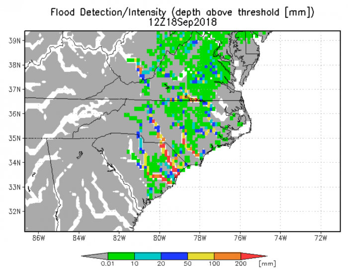 Image of GFMS flood detection and level of intensity during Hurricane Florence.