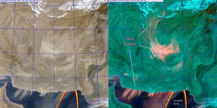 NASA’s Terra satellite captured this view of the region, showing a complex array of dust storms, enhanced thanks to the rich spectral information of MODIS. 