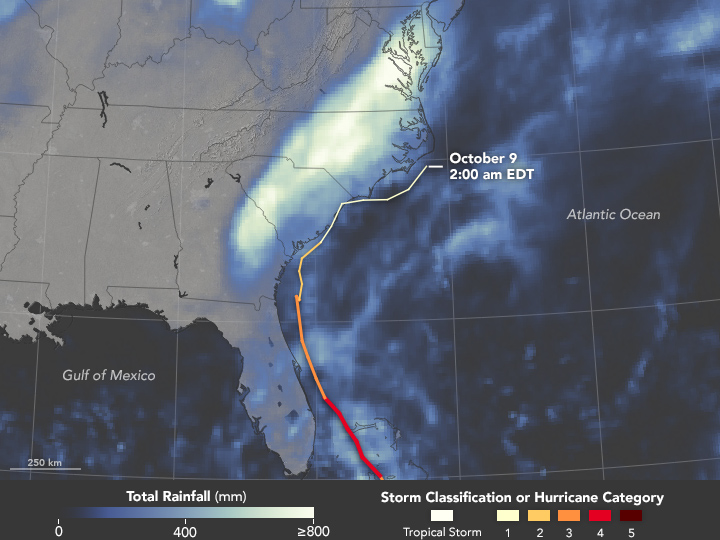 Map image of satellite-based measurements of rainfall from September 28 to October 10, 2016, as compiled by NASA.