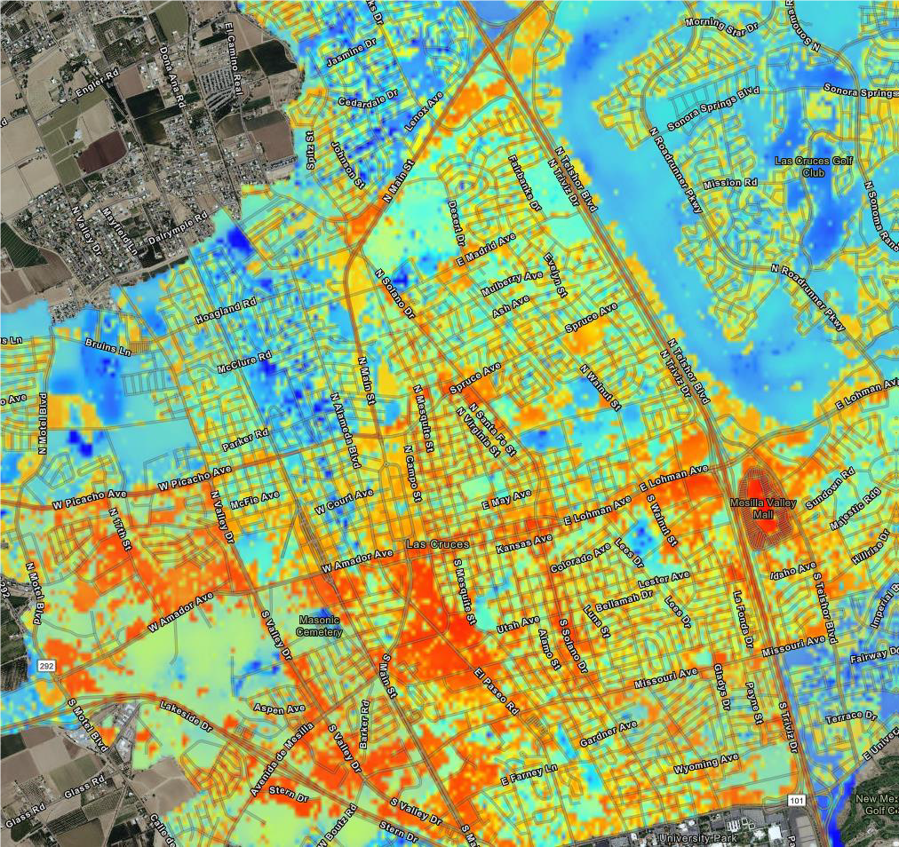 Map showing hot spots around Las Cruces, New Mexico. Warmest locations are red, coolest are blue.