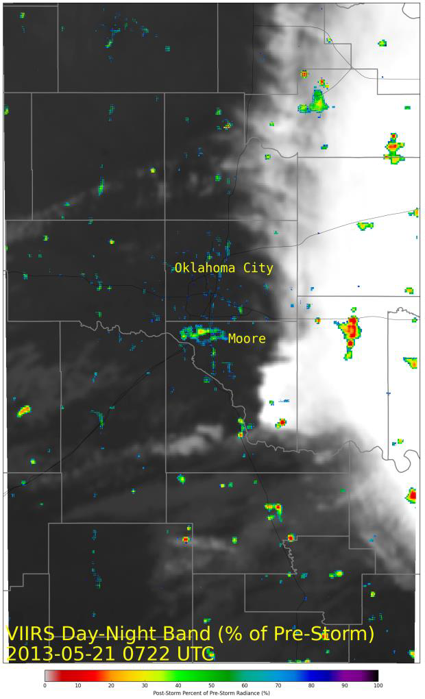 Percent of pre-storm illuminated city lights following the May 2013 tornado