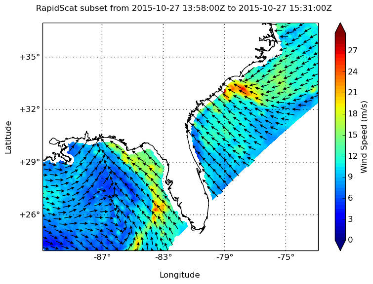 On Oct. 27, RapidScat measured winds along Florida's west coast near 18 meters per second/40.2 mph/ 64.8 kph. Stronger winds up to 27 mps//60.4 mph/97.2 kph were seen off the coast of the Carolinas. Credits: NASA JPL, Doug Tyler