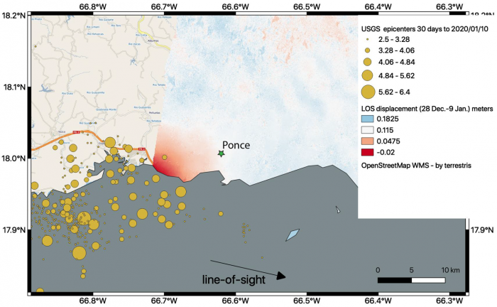 This map shows ground changes, or displacement, on the eastern two-thirds of Puerto Rico following a 6.4-magnitude earthquake. The ground shifted up to 5.5 inches (14 centimeters) in a downward and slightly west direction. Credit: NASA/JPL-Caltech, ESA, U