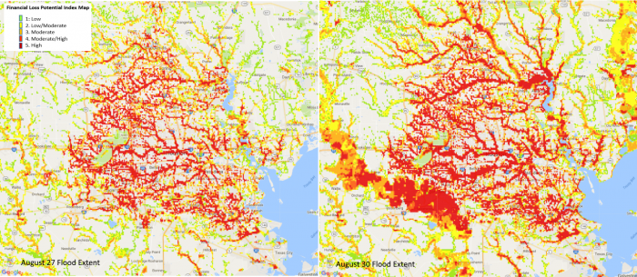 Image of Financial Loss  Potential Index map combines extent of flooding and depth information and overlays it with exposed property values located in the flooded areas.