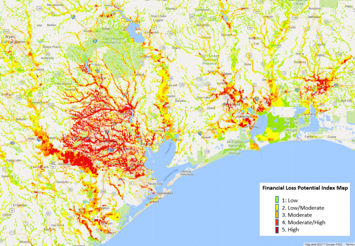 Image of Financial Loss  Potential Index map combines extent of flooding and depth information and overlays it with exposed property values located in the flooded areas.