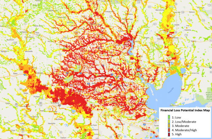 Image of Financial Loss  Potential Index map combines extent of flooding and depth information and overlays it with exposed property values located in the flooded areas.