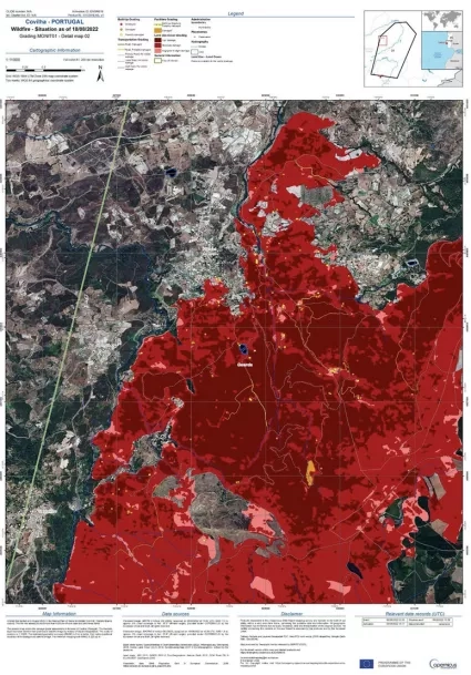 scientific image showing a burn map of an area of Portugal created by satellite data