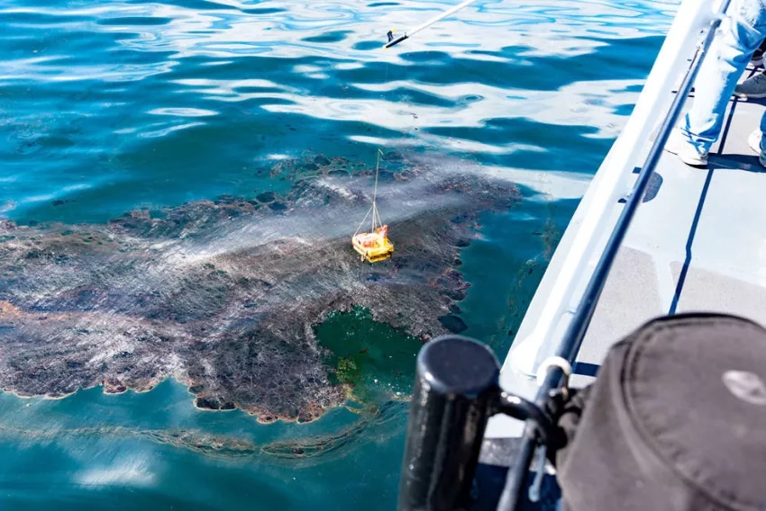 The Marine Oil Spill Thickness (MOST) project collects measurements of oil thickness in a naturally occurring oil seep off the coast of Santa Barbara, California. The measurements will be used to validate remote sensing data measurements and eventually, in a system to aid in oil spill response. Credits: NOAA/Frank Monaldo