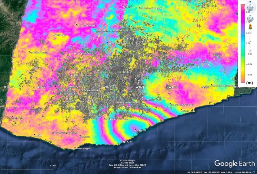 This map produced from JAXA ALOS-2 satellite data shows surface displacement caused by the 7.4 magnitude earthquake in Mexico. Credit: NASA, JAXA Sang-Wan Kim, Batu Osmanoglu, and Min-Jeong Jo