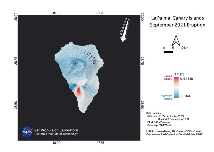 This displacement map, generated using ESA Sentinel-1 Synthetic Aperture Radar (SAR) data collected on Sept. 16 and 22, 2021, shows the movement of the land due to the eruption. Blue shades indicate movement away from the satellite and red shades indicate movement toward the satellite. Credits: NASA / JPL-Caltech. Copyright contains modified Copernicus Sentinel data (2021) processed by the ESA.