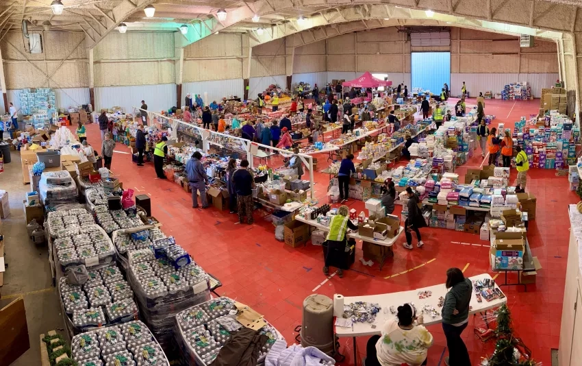 Humanitarian efforts underway at a donation center at the Mayfield-Graves County Fairgrounds in Mayfield, Kentucky on Dec. 13, 2021 after a series of tornadoes devastated the region. Credits: Timothy “Seph” Allen, NASA Disasters