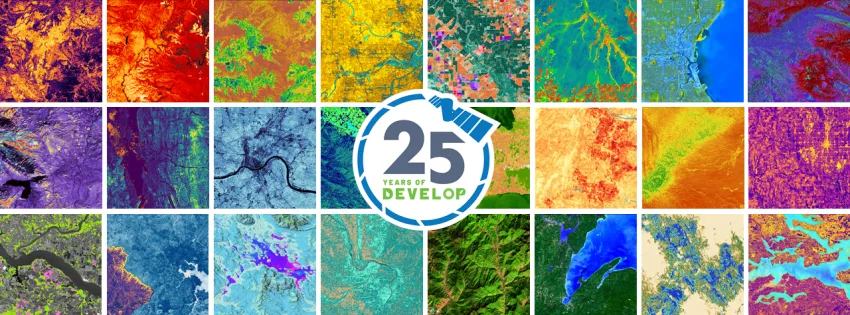 DEVELOP Day Banner image of gridded remote sensing pictures with the DEVELOP anniversary logo in the center