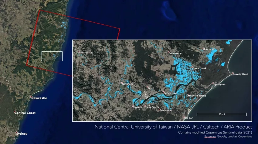 SAR-derived map showing areas in New South Wales, Australia, that are likely flooded due to heavy rain on March 20, 2021. Credits: NASA JPL ARIA, National Central University of Taiwan, Copyright contains modified Copernicus Sentinel data (2021), processed by ESA.