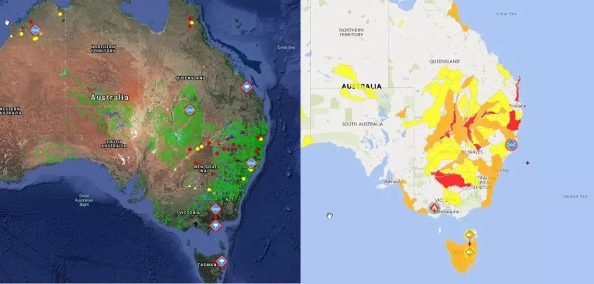 The two images above, showing flooding in eastern Australia, were captured from the Pacific Disaster Center’s (PDC) DisasterAWARE® platform on March 24, 2021. Credits: NASA, ESA, PDC