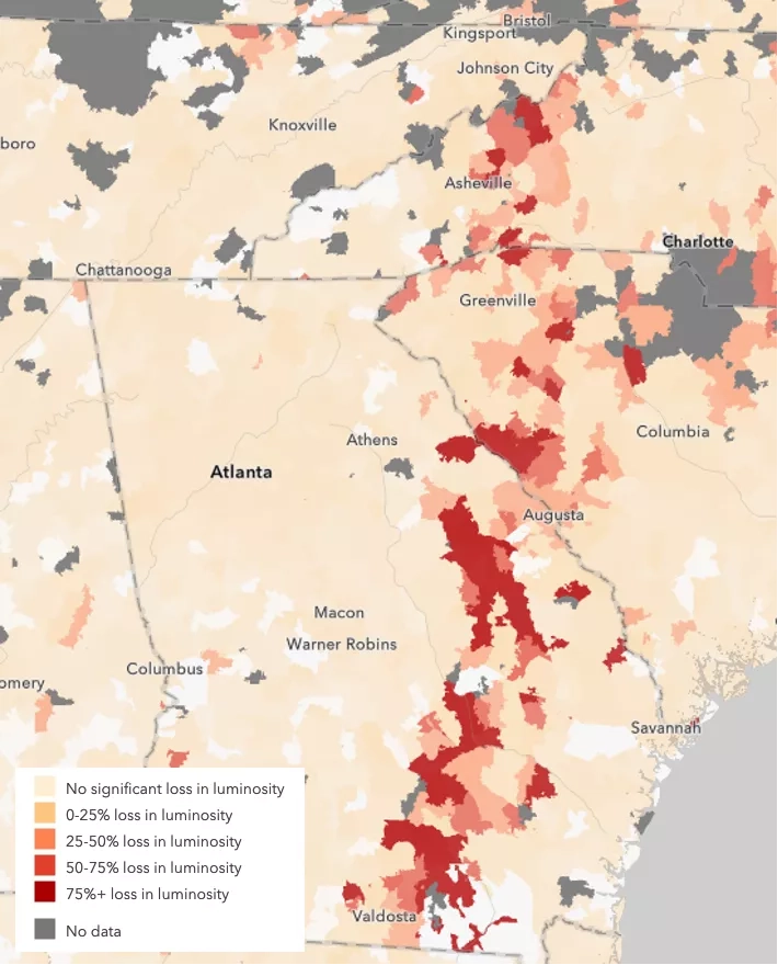 Map of the southern U.S showing varying shades of red and orange which indicate potential power loss across various zip-codes.