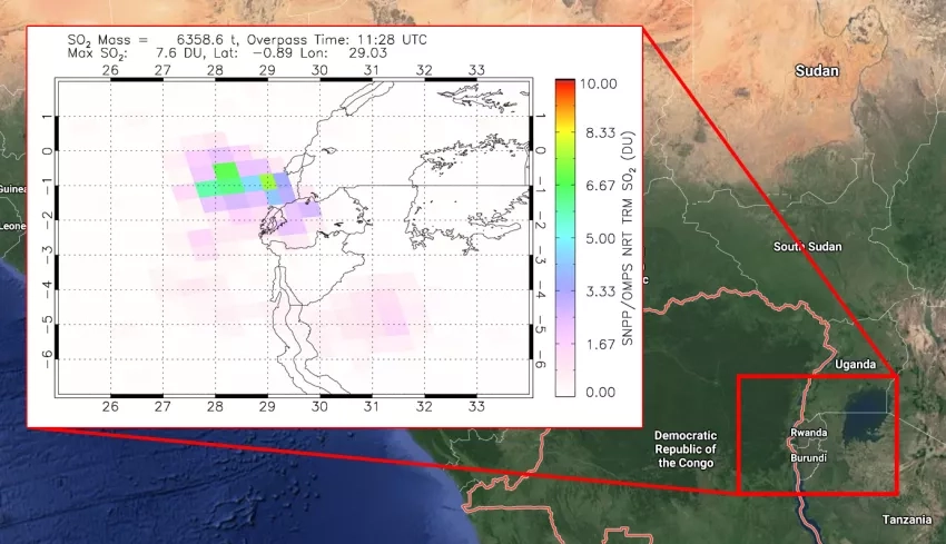 Satellite observations of volcanic sulfur dioxide (SO2) from the OMPS instrument aboard the NASA/NOAA Suomi-NPP satellite on May 23, 2021, show the likely location of volcanic gas and ash from the eruption. Credits: NASA  