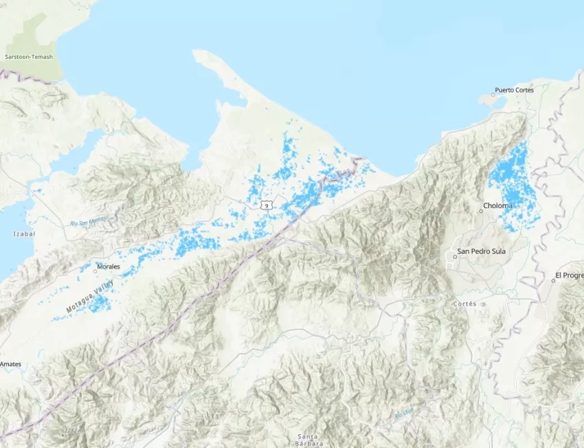 This flood proxy map (FPM) shows areas around the border between Honduras and Guatemala that are likely flooded (in blue). The map was derived from synthetic aperture radar (SAR) data acquired on October 26 and November 7, 2020 by European Space Agency (ESA) Copernicus Sentinel satellites, and was processed by the NASA JPL Advanced Rapid Imaging and Analysis (ARIA) team and the National Central University (NCU) of Taiwan. Credits: NASA / JPL Caltech / National Central University (NCU) of Taiwan. Contains mo