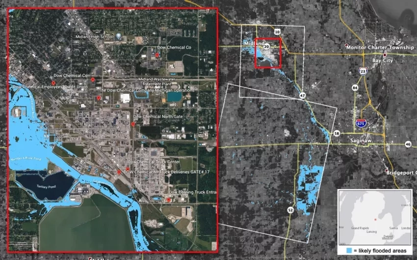 This Flood Proxy Map (FPM) shows areas that are likely flooded in Midland City, Michigan, due to the failure of the Edenville and Sanford Dams. Credits: NASA JPL ARIA, NCU, Planet Labs, Google