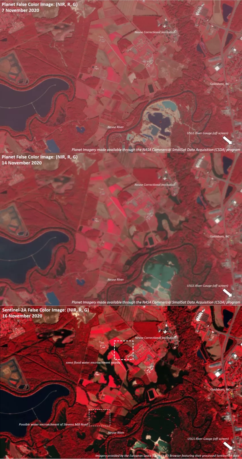 False-color optical satellite imagery from November 7, 14, and 16, show flooded areas around the Neuse River expanding as the region received more rainfall. Water is shown in black, while vegetation is shown in red. Credit: NASA / Planet Labs / Contains modified Copernicus Sentinel data (2020), processed by ESA.