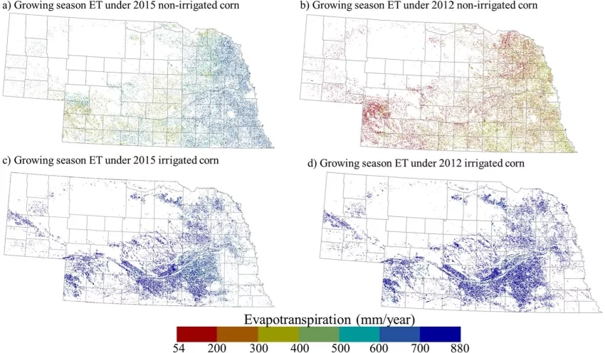 Map of Nebraska showing evapotranspiration