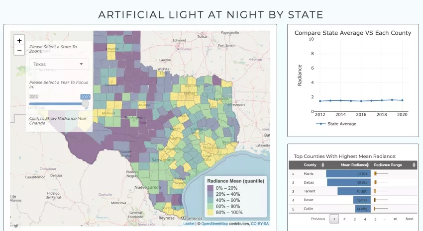 screenshot of an online map showing Texas light county by county