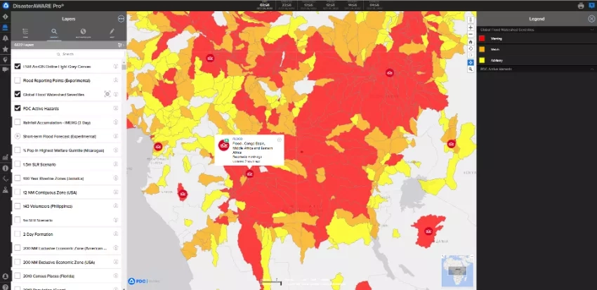 Screenshot from DIsasterAWARE pro showing flood warnings for the Congo Basin