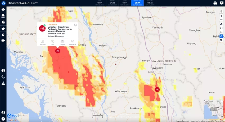 This screenshot from PDC’s DisasterAWARE Pro software shows LHASA landslide hazard probabilities for Myanmar in Sept. 2023. Red areas indicate the highest risk for landslide occurrence within the past three hours, while orange and yellow indicate lesser risk. Credits: Pacific Disaster Center