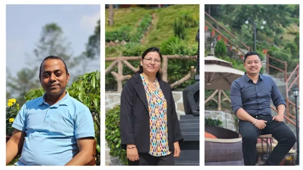 Saroj Thakur, Laxmi Awashti, and Bibek Bella, from various disaster risk reduction roles, pose outdoors in scenic, green environments.