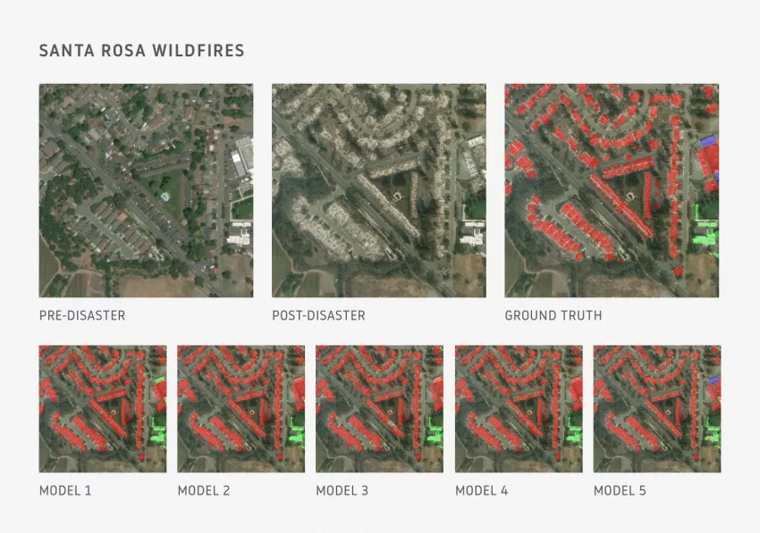 Graphic showing areas on a map affected by fire and the various challenge winners' maps