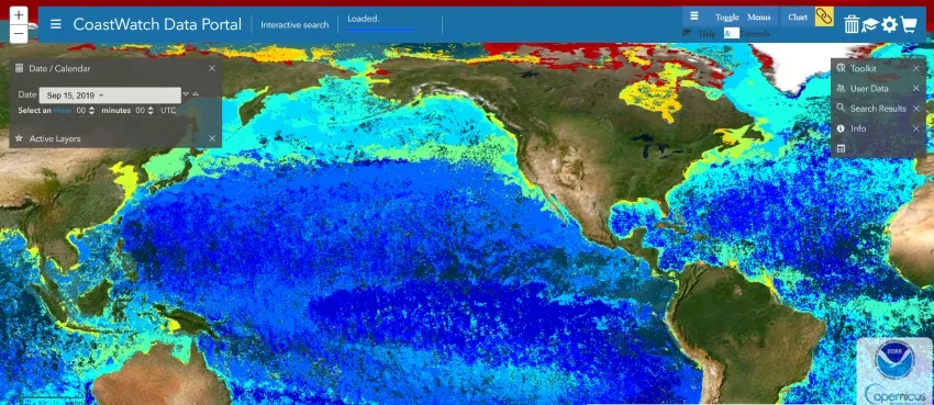 screenshot of the CoastWatch data portal where a rainbox of colors show ocean differences