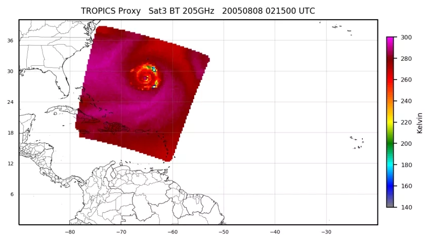 This example of 205 GHz brightness temperature data shows a simulated TROPICS overpass of a tropical cyclone. Cooler colors show the structure of convective storm clouds, while warmer colors show the ocean’s surface. Currently few Earth-observing instruments include channels near 205 GHz, making TROPICS unique in its ability to view cloud top microphysics, and allowing scientists to link cloud characteristics to storm structure and intensity. Credits: NASA SPoRT