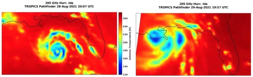 Shown above are two images of Hurricane Ida observed at 205 GHz by the TROPICS pathfinder satellite on Aug. 28 and 29 – just before and after landfall. Detailed storm structure is evident in the first image, with a well-defined eyewall and inner rainband as well as a prominent outer rainband. In the second image there are two convective rainbands to the east of the inner core region. Such outer bands are often associated with tornadoes at landfall and are thus important to observe accurately. Credits: NASA 