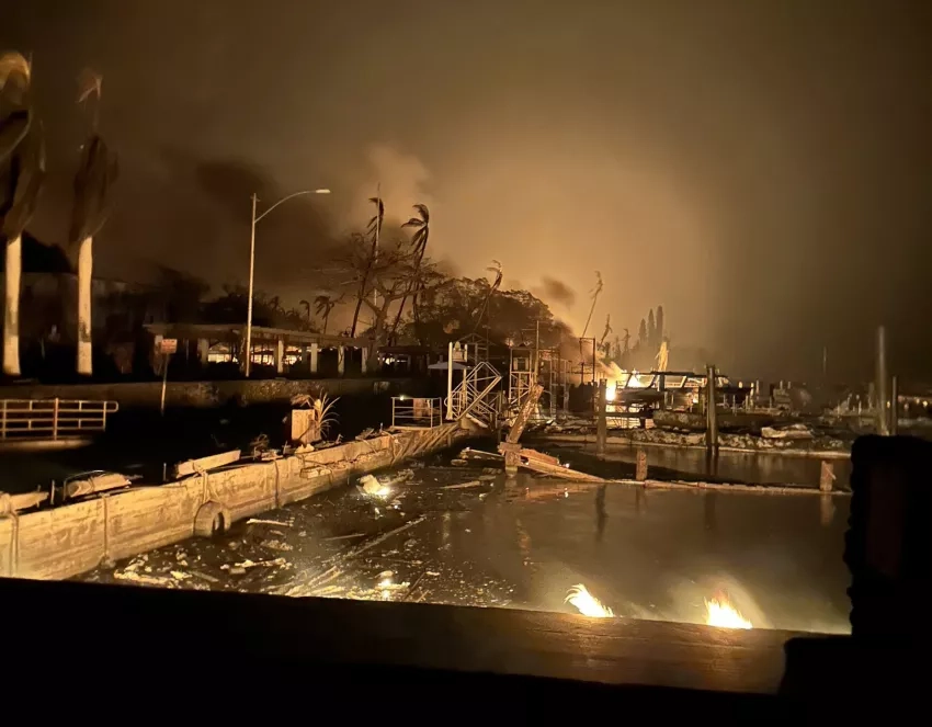 Wildfires rage in Lahaina, Maui as the U.S. Coast Guard and partners conduct rescue efforts. Credits: U.S. Coast Guard