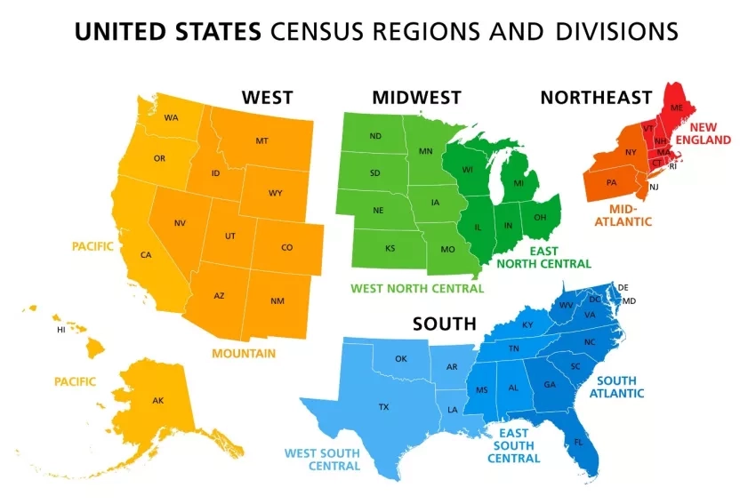 map of united states showing regions in various colors