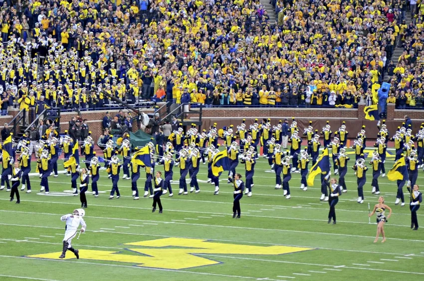 marching band performing on a football field