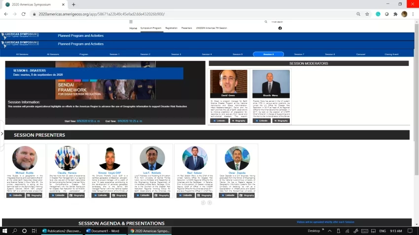 Information about session presenters and moderators from the 2020 Americas Symposium session on Disaster Risk Reduction. Credits: Americas Symposium