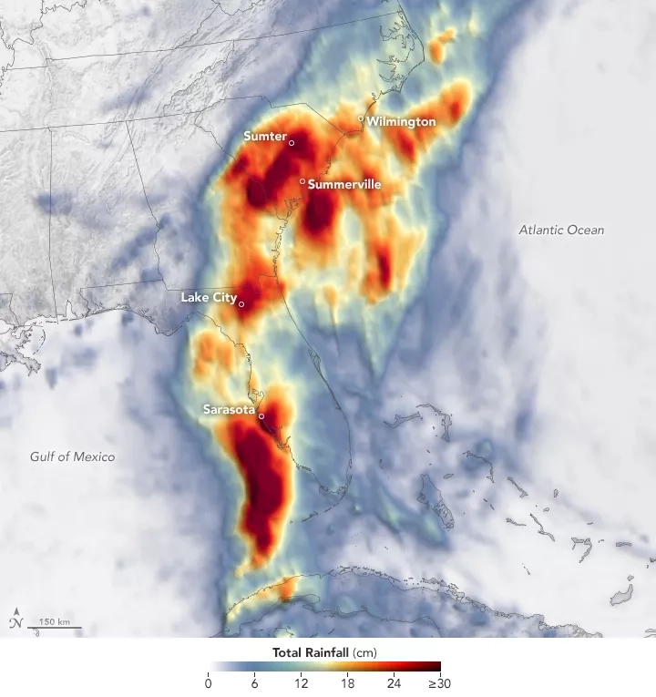 Map of IMERG precipitation estimates from Tropical Cyclone Debby, showing heavy precipitation  over the eastern U.S.