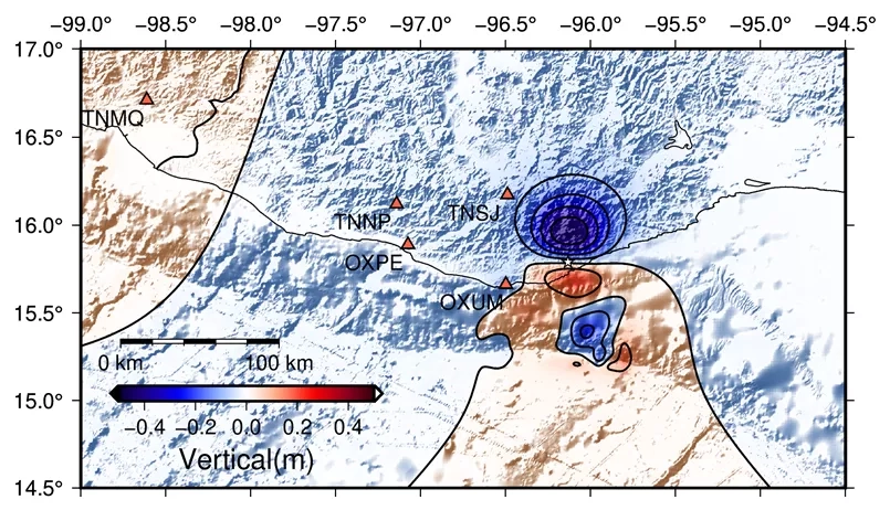 The team generated the above model which depicts the expected vertical deformation of the terrain as a result of the earthquake—with areas of uplift shown in red, and areas of subsidence shown in blue. Credit: NASA, Diego Melgar