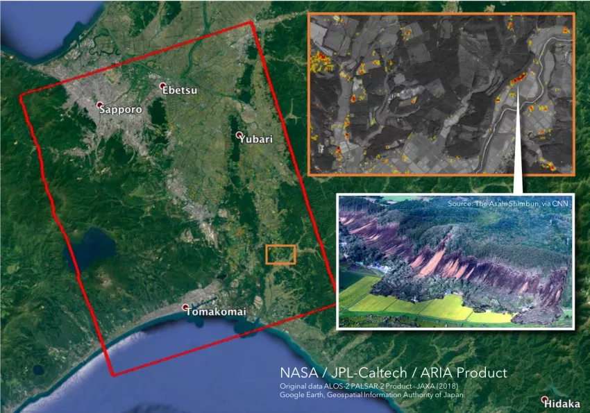 Image Captions: Data products distributed by the NASA Disasters Program, such as the above Damage Proxy Map (DPM) showing likely damaged areas from the September 2018 earthquake in Hokkaido, Japan, use Earth-observing data to assess the impacts of disasters on local communities and aid responders in allocating resources. Credit:  NASA-JPL/Caltech ARIA team, ALOS-2 data provided by JAXA