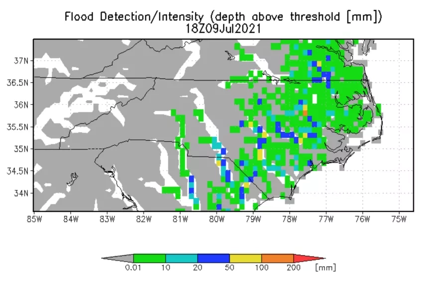 This flood forecast map from the UMD Global Flood Monitoring System (GFMS) shows regions in North Carolina that are predicted to experience flooding from Hurricane Elsa on July 9, 2021, based on inputs from recent NASA IMERG precipitation data and hydrological models. Credits: GFMS