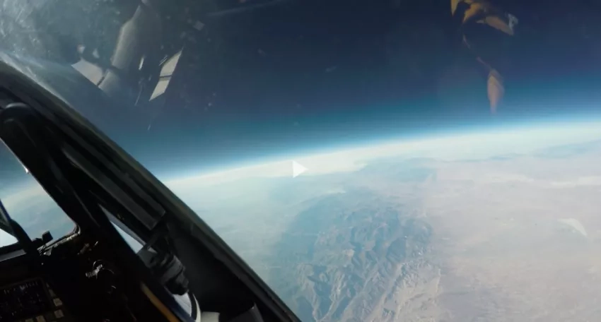 The ER-2’s lone pilot, Tim Williams, can see the curvature of the Earth as he flies the high-altitude airborne science platform over the Southern California wildfires on December 7, 2017. Credits: NASA Image library