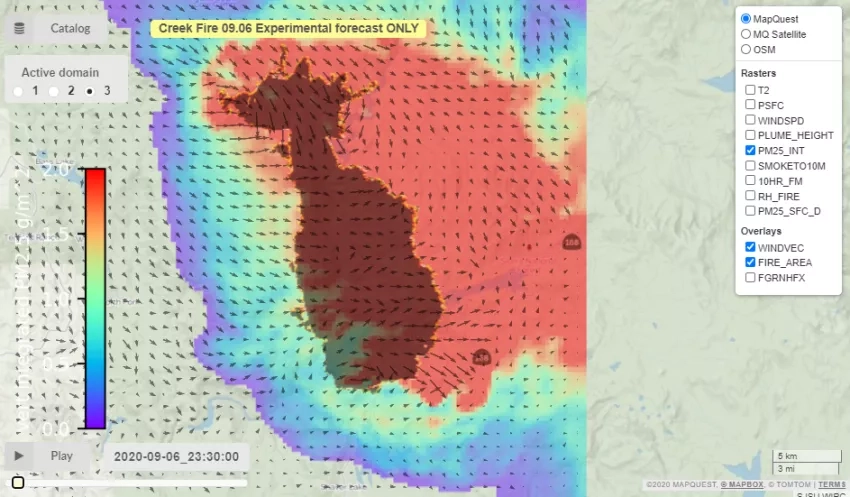 This example of data hosted on the Disasters Mapping Portal shows an experimental fuel moisture forecast product from the ROSES A.37 research project “Coupled Interactive Forecasting of Weather, Fire Behavior, and Smoke Impact for Improved Wildland Fire Decision Making”. The forecasted fire area is shown in dark red and the forecasted smoke plume is shown in colors from blue to red, with red indicating higher aerosol concentrations. The fuel moisture product combines observations of dead fuel moisture with 