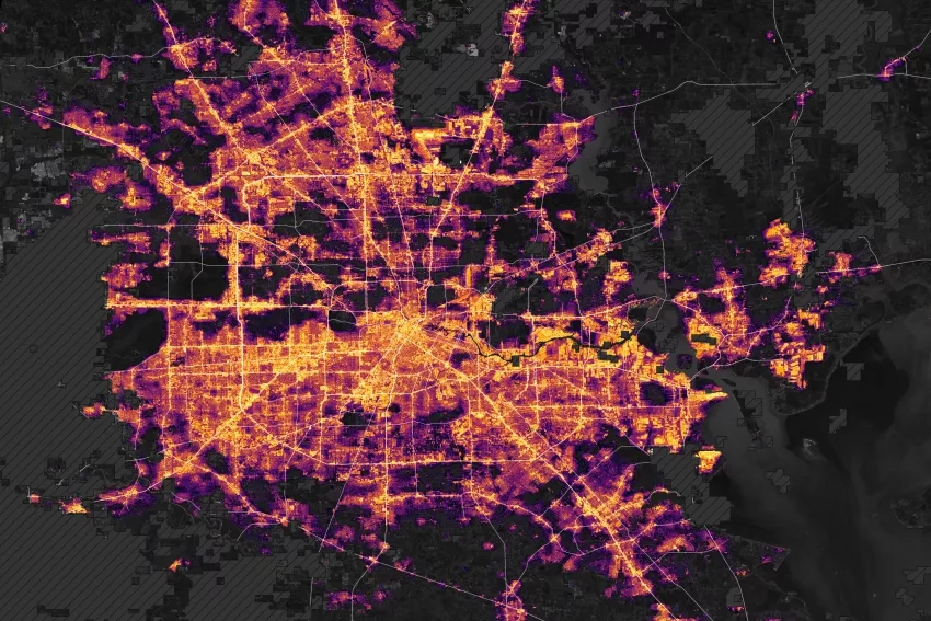 Satellites map of night lights in Houston, Texas on May 18, 2024. 