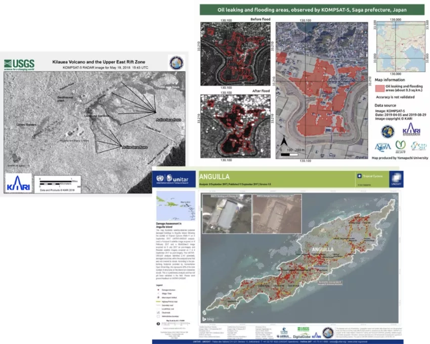 Examples of KOMPSAT radar imagery used to study disasters. The upper left image from KOMPSAT-5 shows a map of active lava flows and fissures from Kilauea volcano in Hawaii on May 19, 2018. The upper right image from KOMPSAT-5 shows an estimate of the extent of floods and oil leaks in the Saga Prefecture in Japan in September 2019. The lower right image shows KOMPSAT-3 optical imagery used to assess damage on Anguilla island from Hurricane Irma in 2017. Credit: Disasters Charter, KOMPSAT-5 © KARI (2018), USG