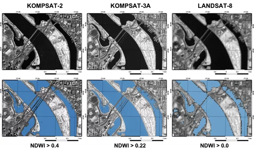 Comparison of KOMPSAT-2 and KOMPSAT-3A water extent maps with Landsat-8 water extent maps, using the normalized water difference index (NDWI). Credit: KOMPSAT-2 © KARI (2007), KOMPSAT-3A © KARI (2019), Landsat-8 image courtesy of the U.S. Geological Survey, NASA GSFC