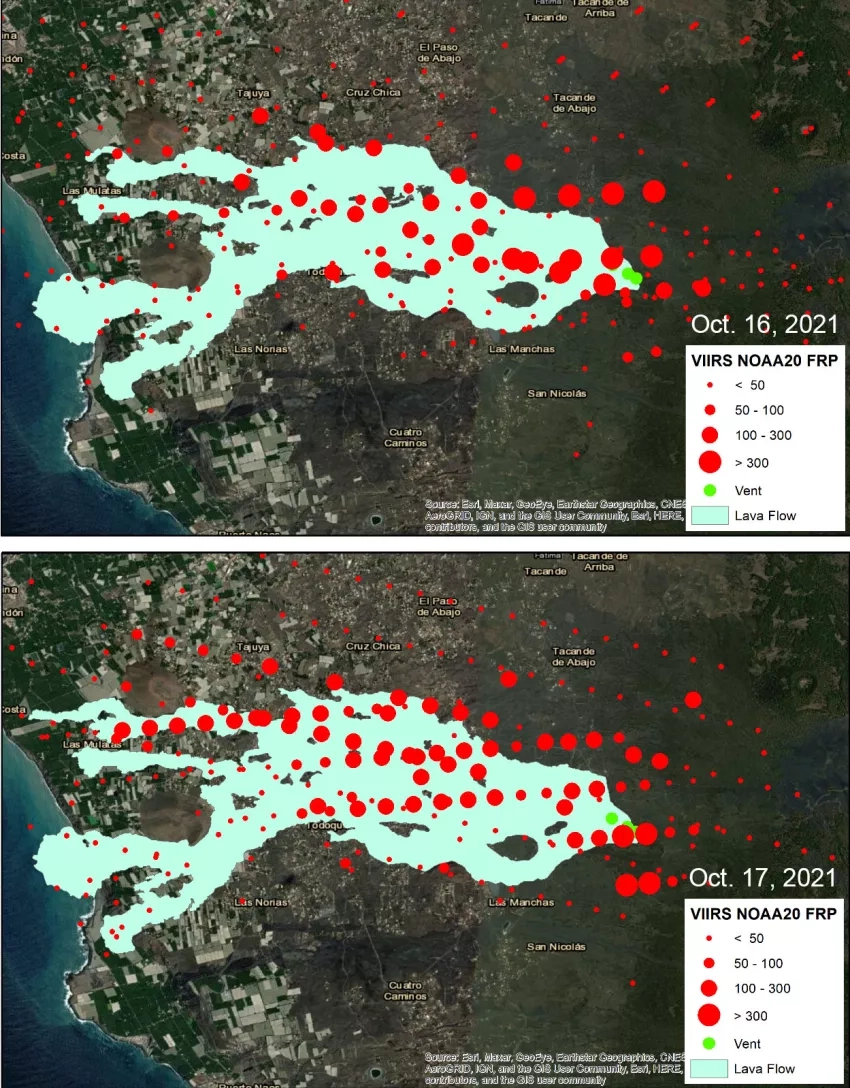 Satellite imagery from Oct. 16 (top) and 17 (bottom), 2021, show thermal anomalies or “hot spots” in red as detected by NOAA-20 VIIRS, overlaid on the location of lava flows in light green, as detected by ESA Sentinel-1 synthetic aperture radar (SAR) observations. Credits: NASA. Visualization by Hyundeok Choi, NIA/NASA LaRC. Copyright contains modified Copernicus Sentinel data (2021) processed by the ESA. 