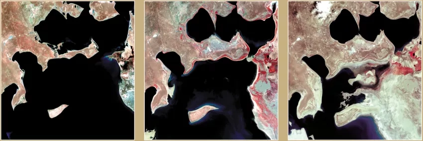 In perhaps one of the most well-known examples of a human-caused environmental disaster, irrigation has caused the Aral Sea to diminish in size significantly since the 1960s. The above images, captured by Landsat, allow people to visualize changes in the size of the Aral Sea from 1973 (left), 1987 (center), and 2000 (right). Credits: NASA, USGS