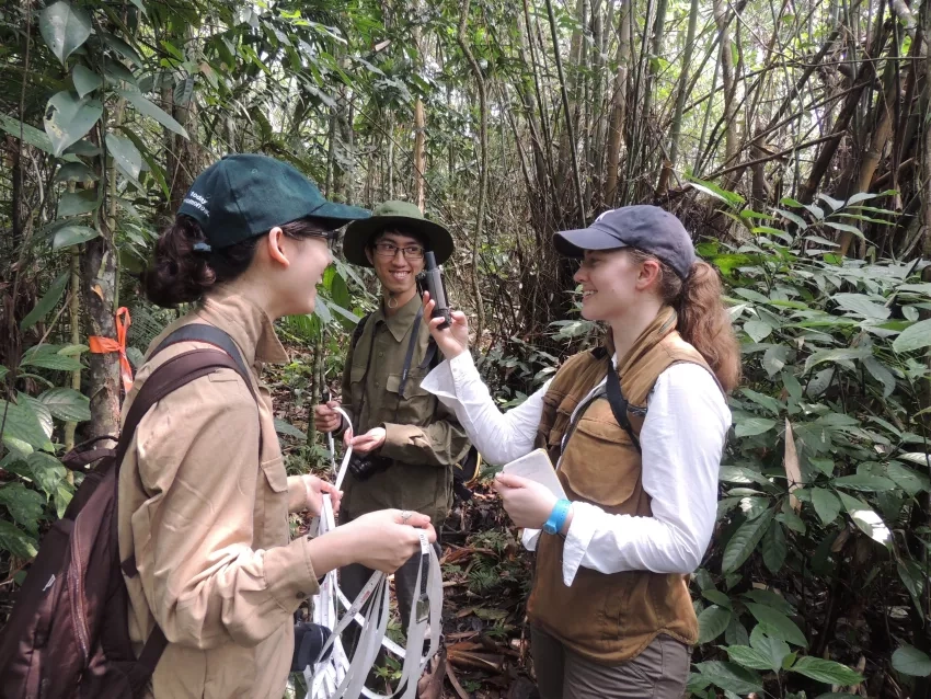 Photo of scientists marking a train in Vietnam's tropical forest.